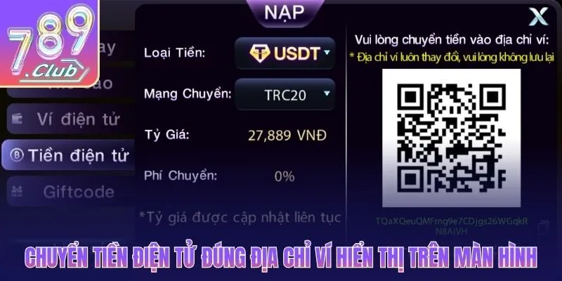 Chuyển tiền điện tử đúng địa chỉ ví hiển thị trên màn hình